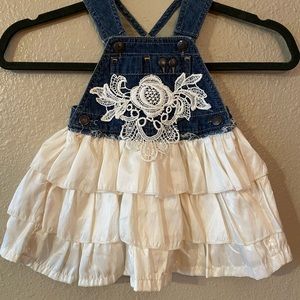 Little girls white ruffle & denim dress size 6-9months   Lace on front and back